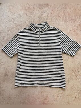 Chico's Black & White Striped Short-Sleeve Half-Zip Top
